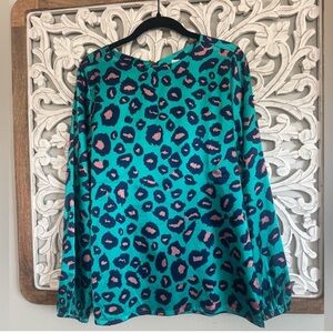 Tracy Negoshian Turquoise and Navy Animal Print Top